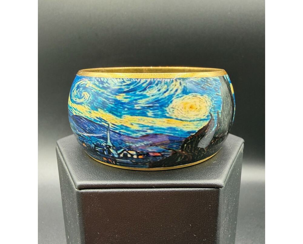 Vintage Vincent van Gogh 'The Starry Night' Gold Tone Metal Bangle Bracelet